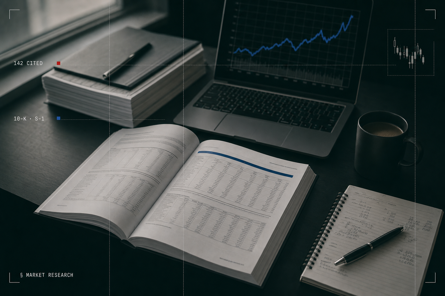 An analyst desk with an open filing of financial tables, a laptop charting a rising trend line, and cubby ai research overlays for citations and filings parsed.