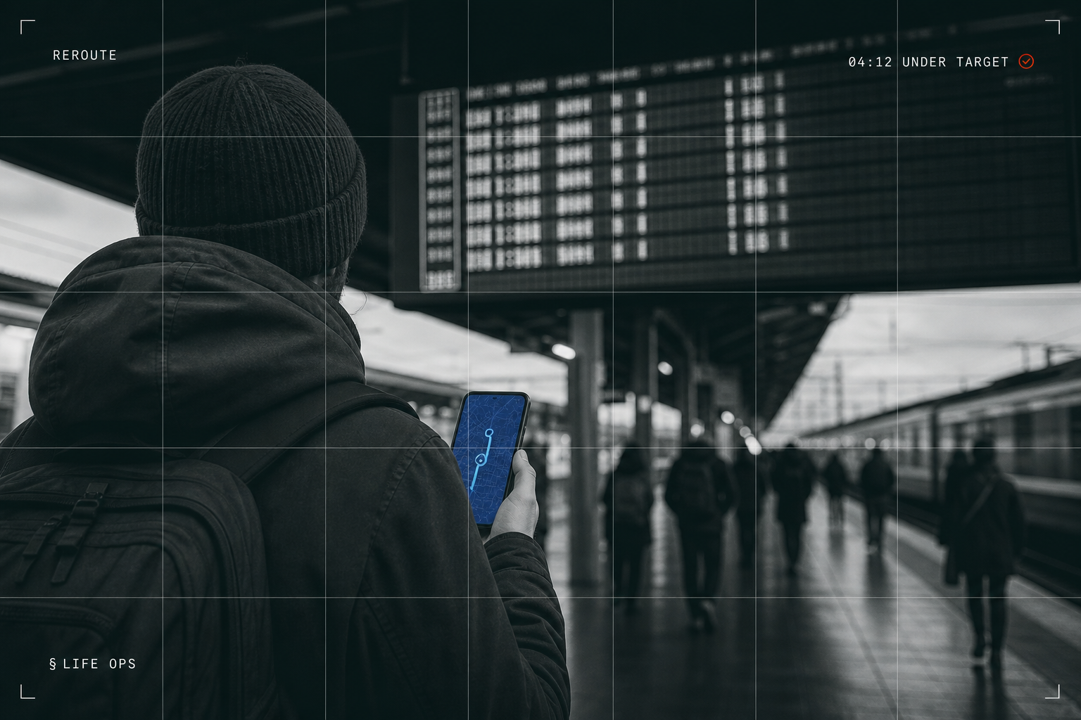 A traveler at a rail station reading a route map on their phone beneath a departure board, with cubby ai ops overlays for reroute and time-to-action.